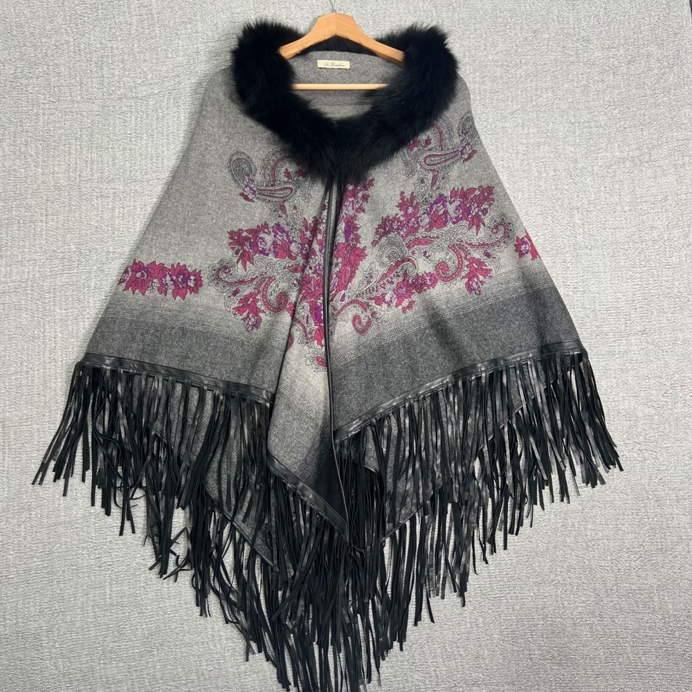 La Fiorentina Paisley Wool Luxury Cape Shawl Stole Fox Fur Trim Leather‎ Fringe